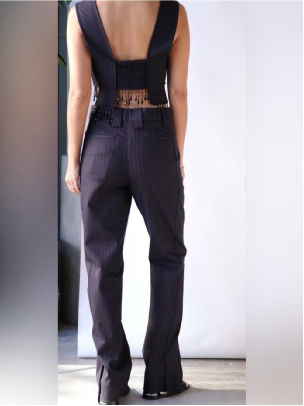 Ganni Pinstripe Side Suit Trousers Navy Red Stripe Tailored High Rise Size 36 - Picture 2 of 13